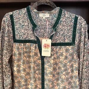 Entro Floral Long Sleeve Dress - Green and Cream